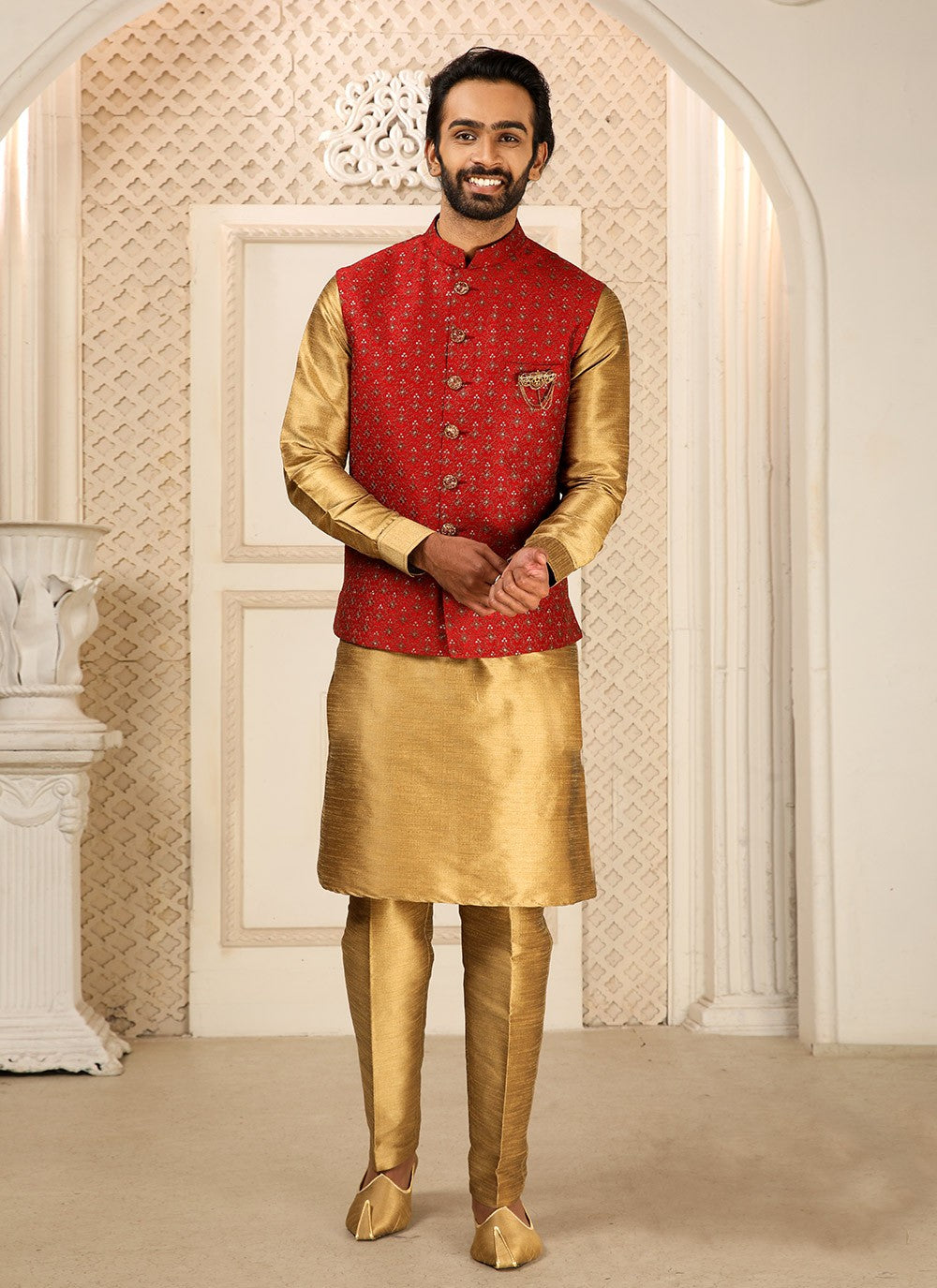 Embroidered Banarasi Silk Beige, Maroon Kurta Payjama With Jacket - M4266