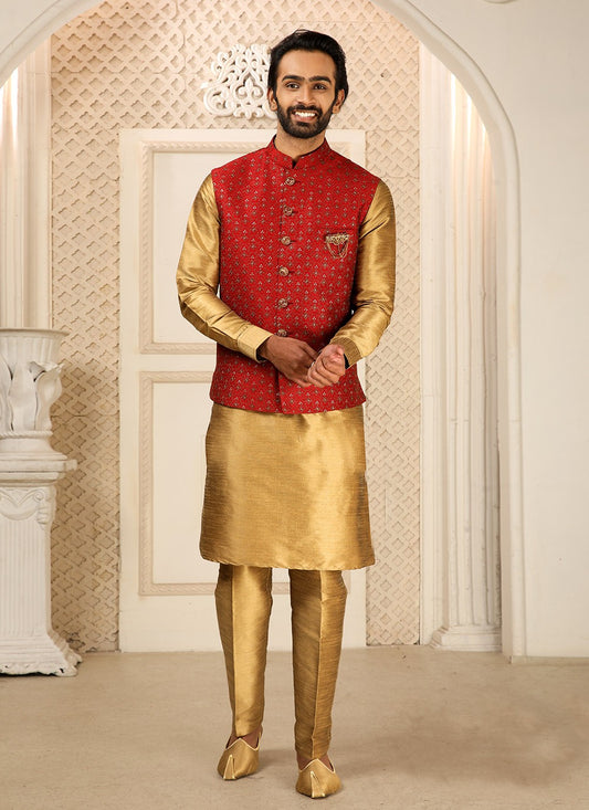 Embroidered Banarasi Silk Beige, Maroon Kurta Payjama With Jacket - M4266