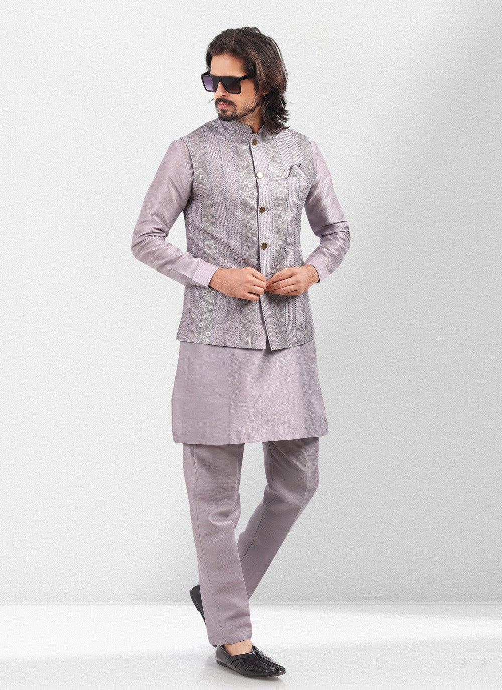 Embroidered Banarasi Silk Lavender Kurta Payjama With Jacket - M5137