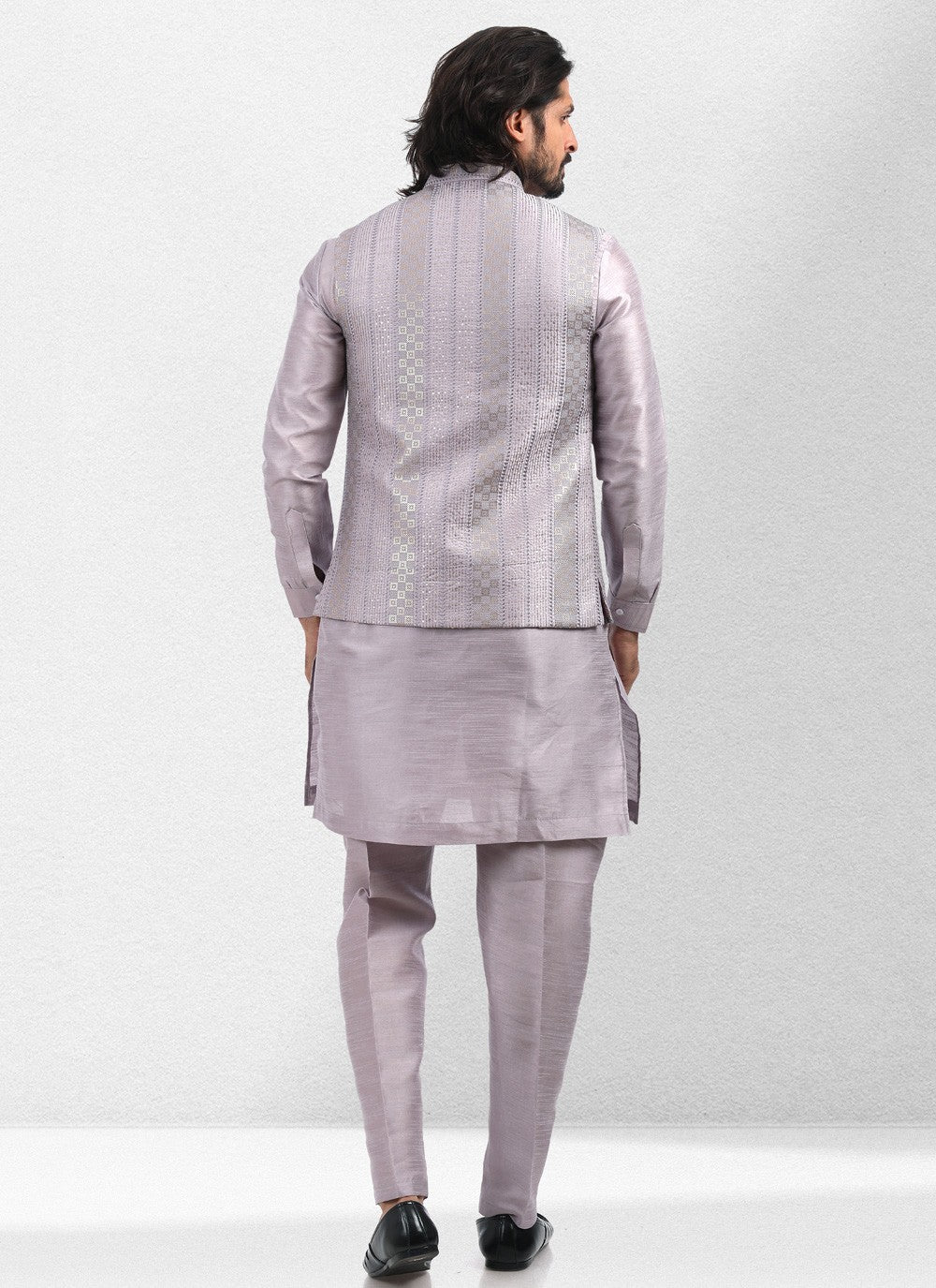 Embroidered Banarasi Silk Lavender Kurta Payjama With Jacket - M5137