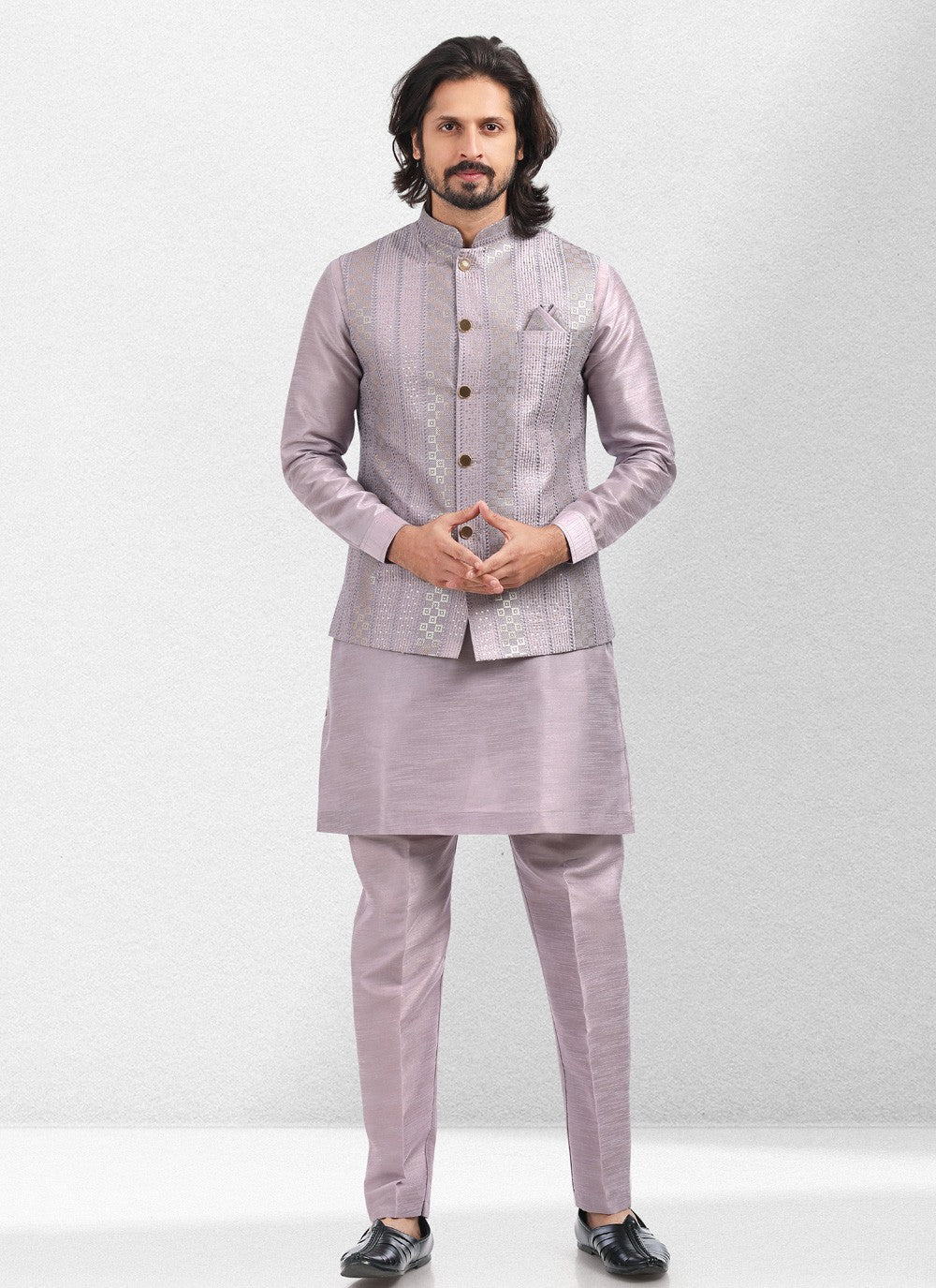 Embroidered Banarasi Silk Lavender Kurta Payjama With Jacket - M5137