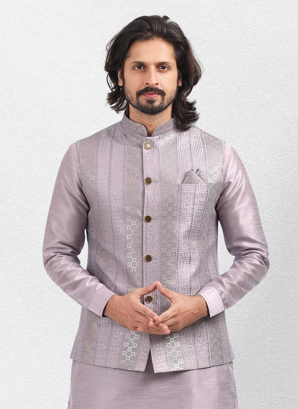 Embroidered Banarasi Silk Lavender Kurta Payjama With Jacket - M5137