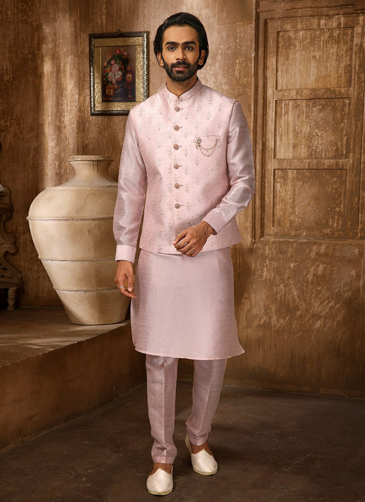 Embroidered Banarasi Silk Pink Kurta Payjama With Jacket - M4261