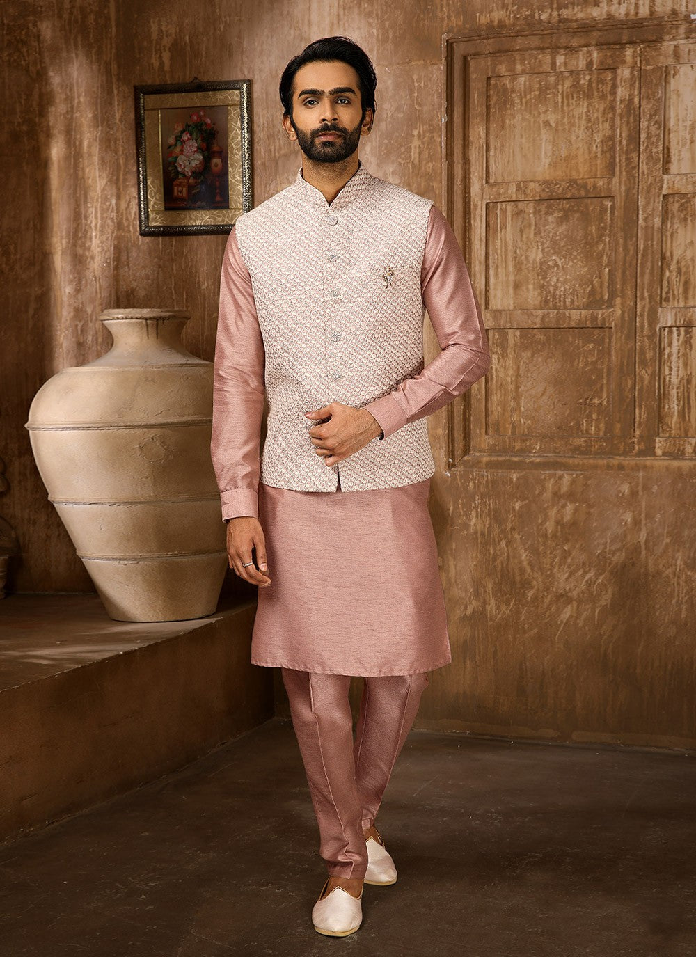 Embroidered Banarasi Silk Pink Kurta Payjama With Jacket - M4269