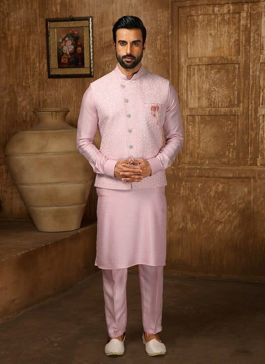 Embroidered Banarasi Silk Pink Kurta Payjama With Jacket - M4288