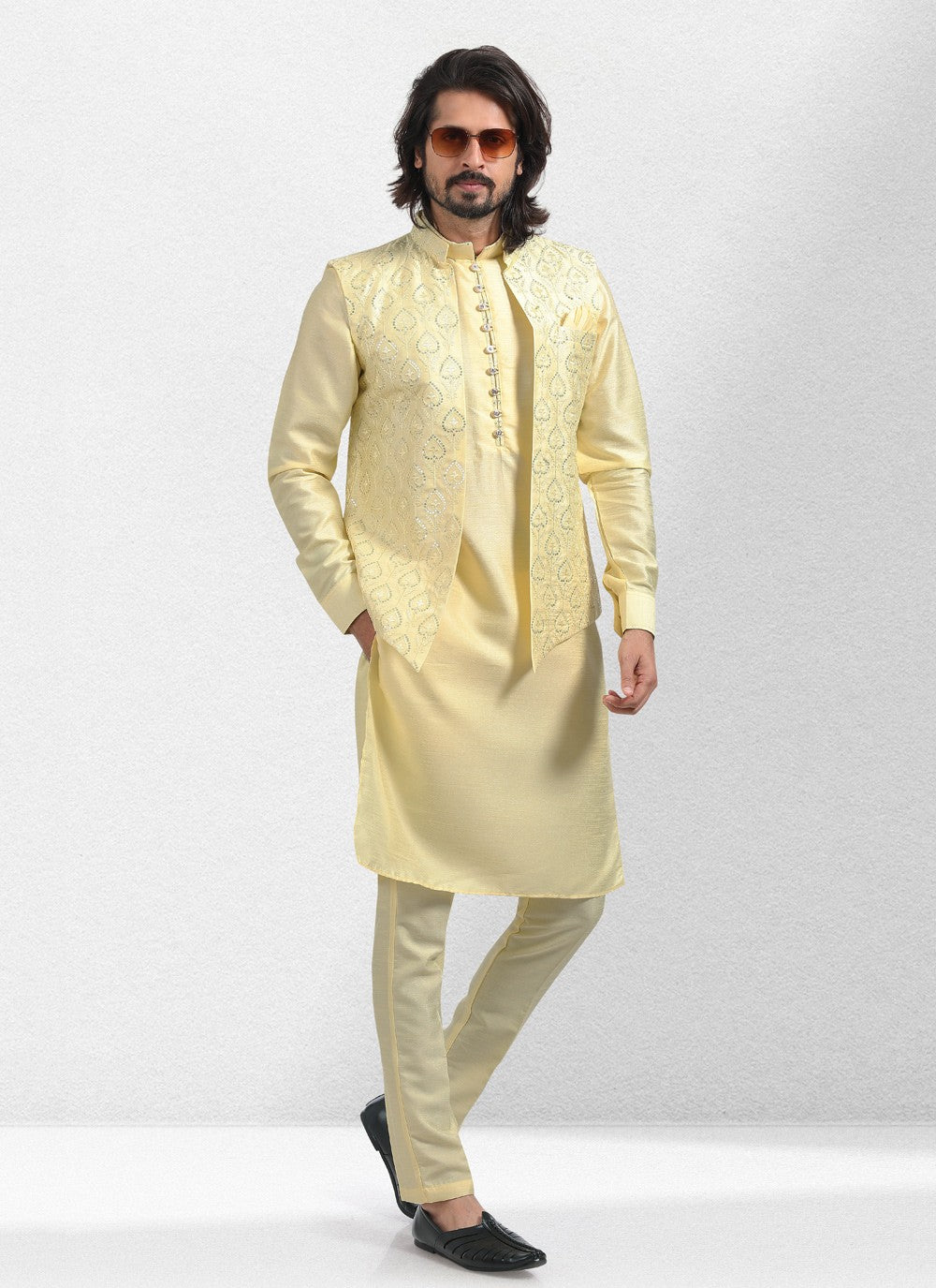 Embroidered Banarasi Silk Yellow Kurta Payjama With Jacket - M5135