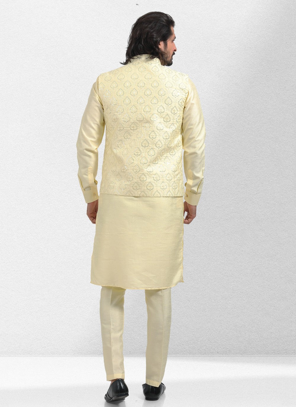 Embroidered Banarasi Silk Yellow Kurta Payjama With Jacket - M5135