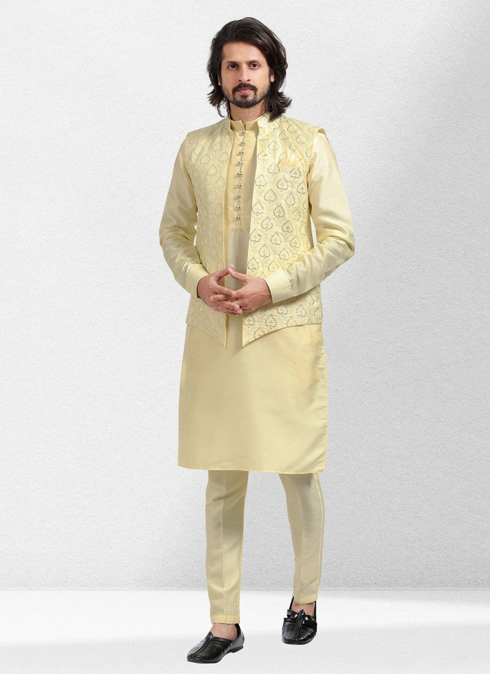 Embroidered Banarasi Silk Yellow Kurta Payjama With Jacket - M5135