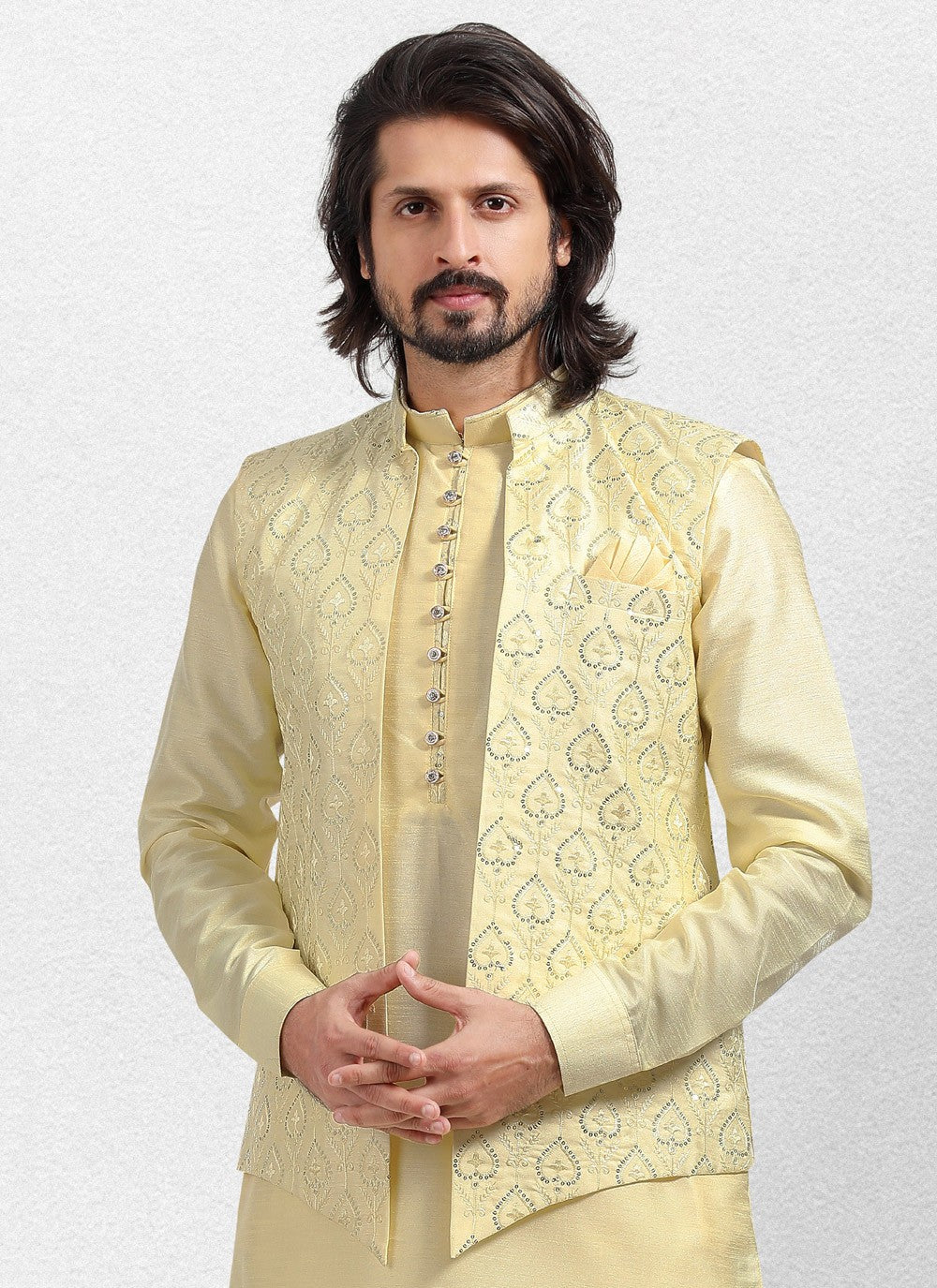 Embroidered Banarasi Silk Yellow Kurta Payjama With Jacket - M5135