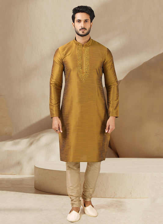 Embroidered Banarasi Silk Brown Kurta Pyjama - M3233