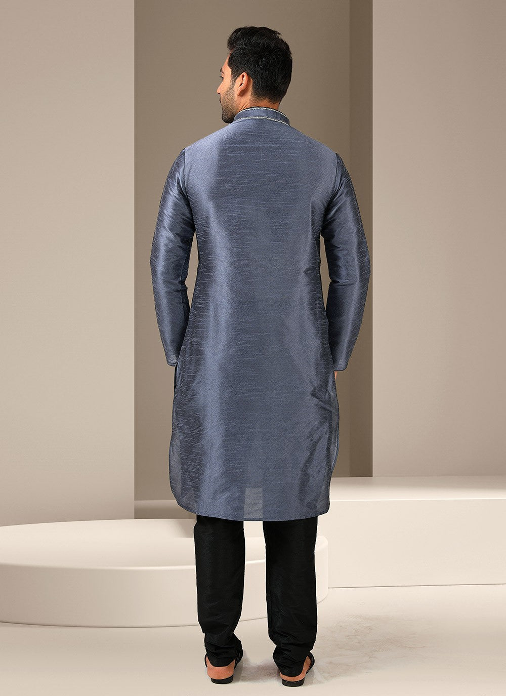 Embroidered Banarasi Silk Grey Kurta Pyjama - M3242