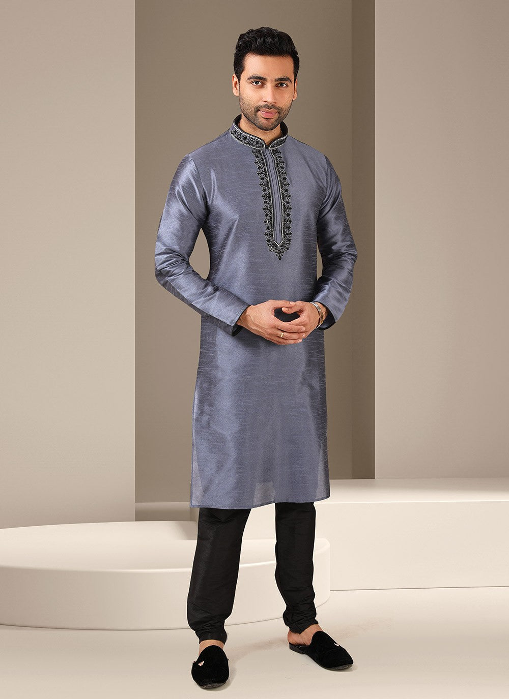 Embroidered Banarasi Silk Grey Kurta Pyjama - M3242