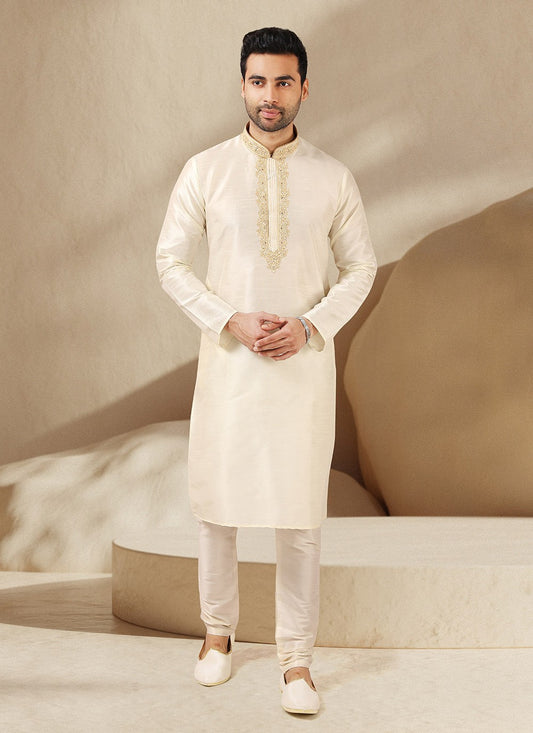 Embroidered Banarasi Silk Off White Kurta Pyjama - M3249