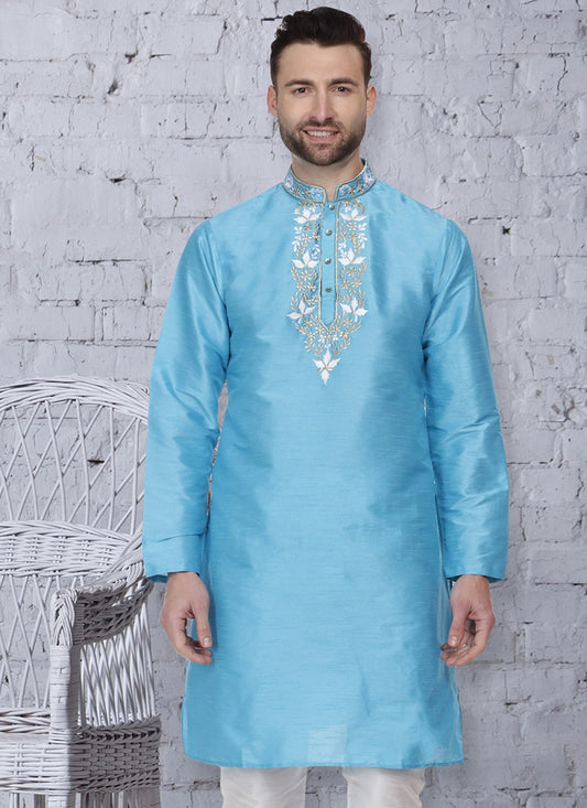 Embroidered Art Dupion Silk Aqua Blue Kurta - M1316