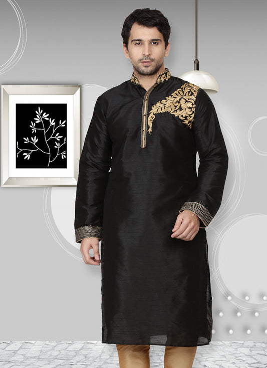 Embroidered Art Dupion Silk Black Kurta - M1321