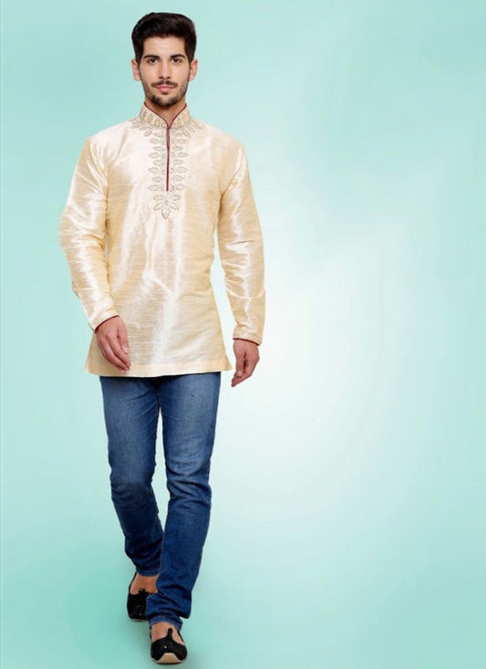 Embroidered Art Dupion Silk Cream Kurta - M1194