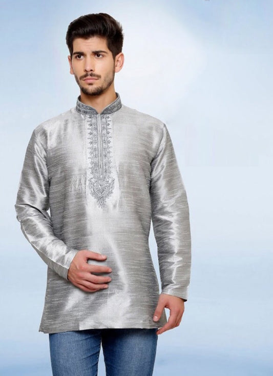 Embroidered Art Dupion Silk Grey Kurta - M1192