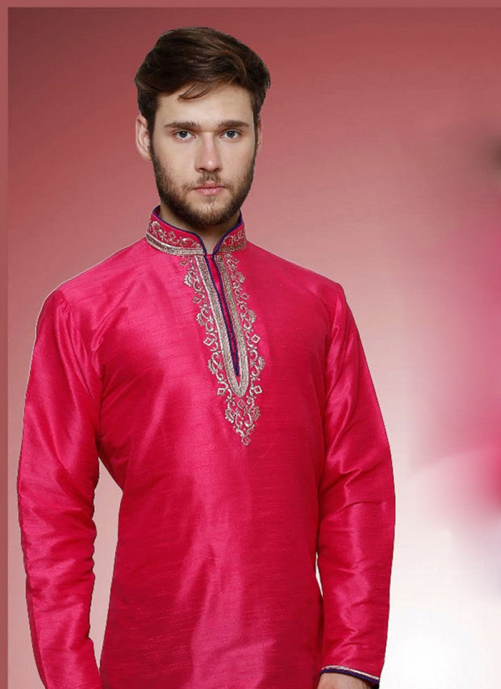 Embroidered Art Dupion Silk Pink Kurta - M1195