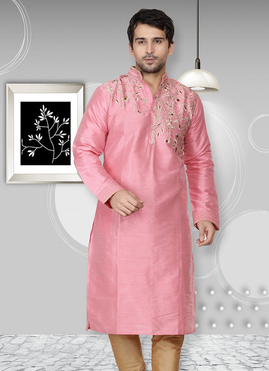 Embroidered Art Dupion Silk Pink Kurta - M1327