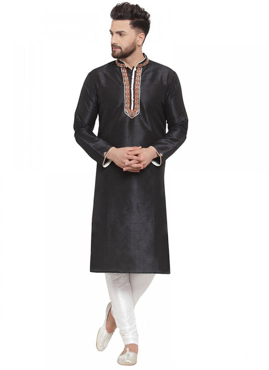 Embroidered Art Dupion Silk Black Kurta Pyjama - M1391