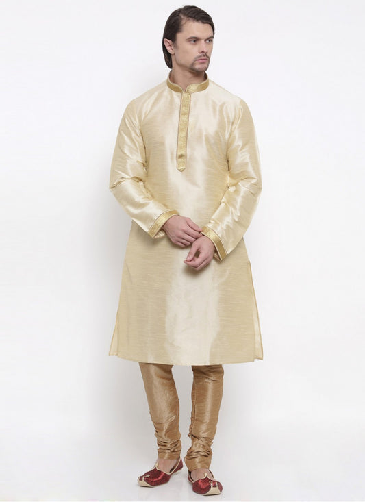 Embroidered Art Dupion Silk Cream Kurta Pyjama - M1649