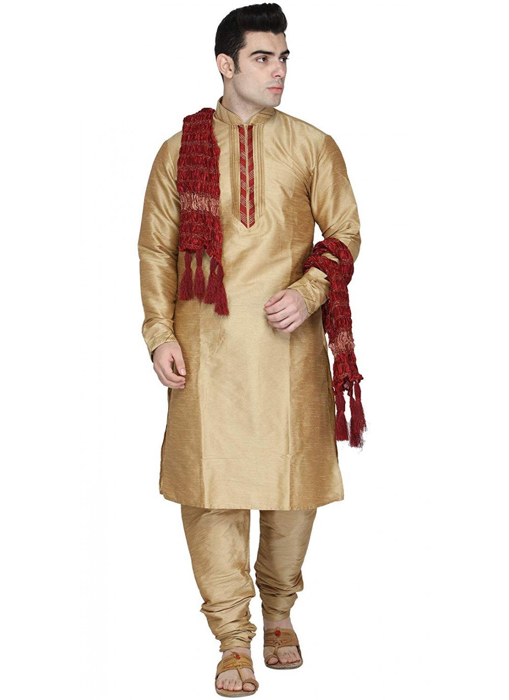 Embroidered Art Dupion Silk Gold Kurta Pyjama - M1282