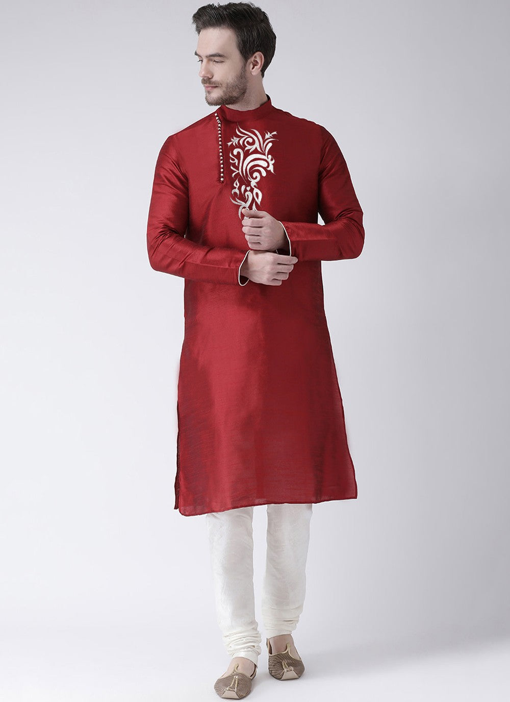 Embroidered Art Dupion Silk Maroon Kurta Pyjama - M4216