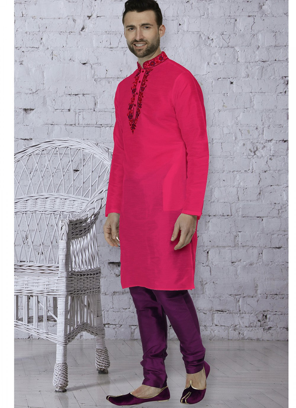 Embroidered Art Dupion Silk Pink Kurta Pyjama - M1487