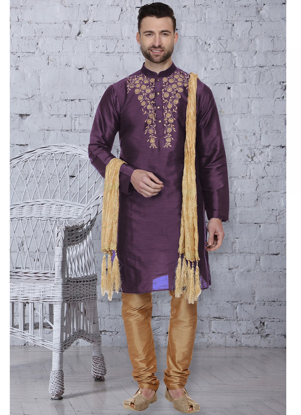 Embroidered Art Dupion Silk Purple Kurta Pyjama - M1506