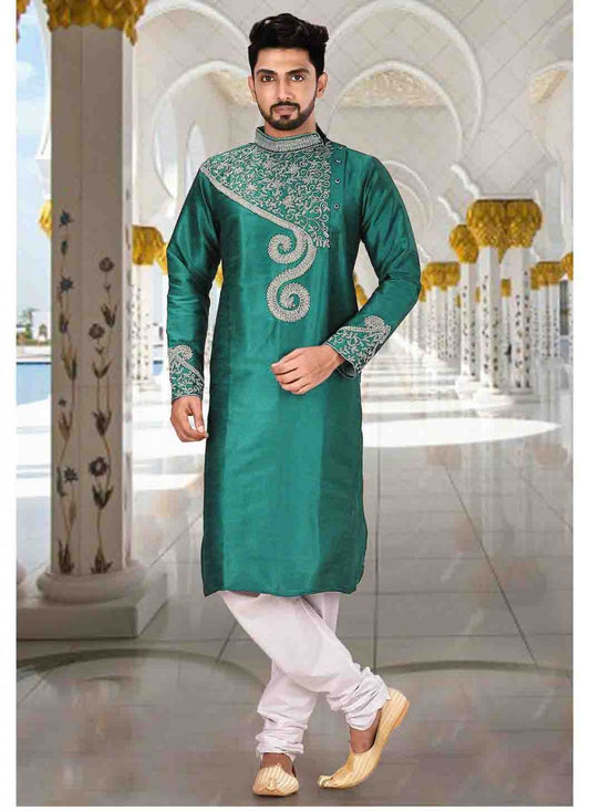 Embroidered Art Dupion Silk Sea Green Kurta Pyjama - M1604