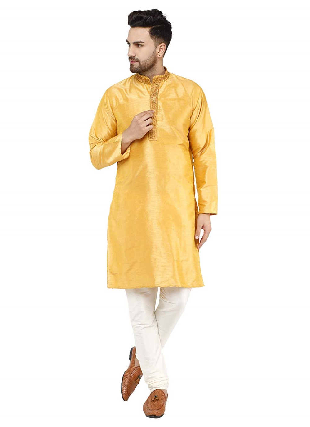 Embroidered Art Dupion Silk Yellow Kurta Pyjama - M1294