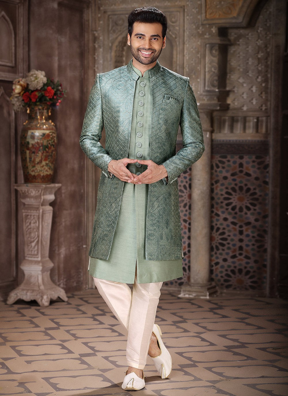 Embroidered Art Silk Green Indo Western - M5265