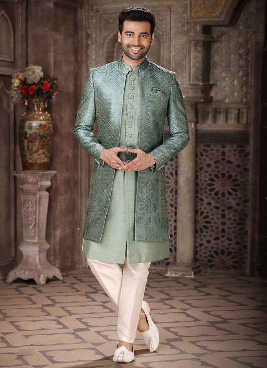 Embroidered Art Silk Green Indo Western - M5265