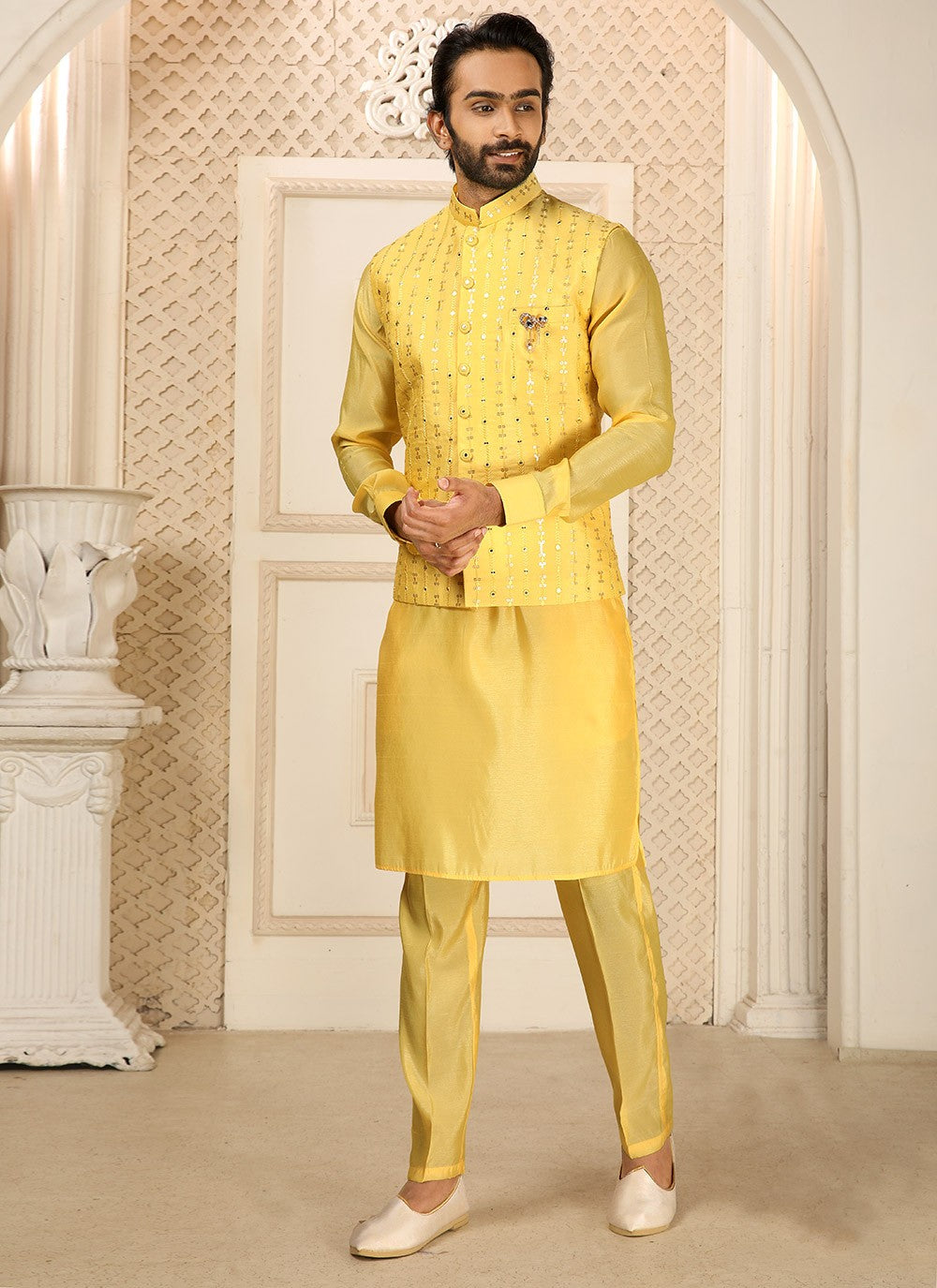 Embroidered Art Silk Yellow Kurta Payjama With Jacket - M4278