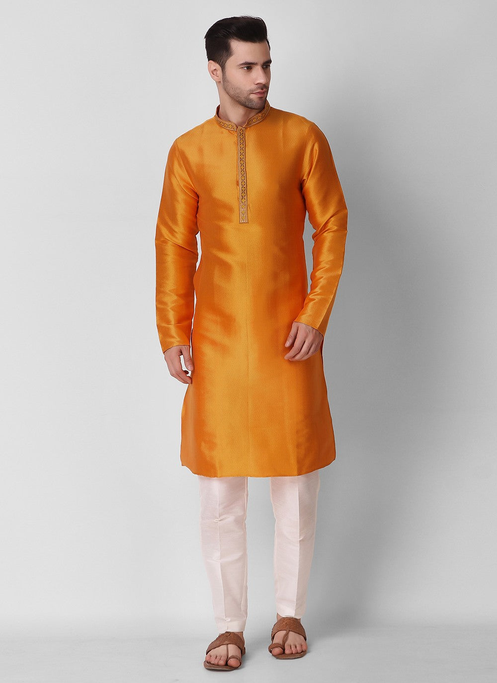 Embroidered Art Silk Gold Kurta Pyjama - M3112