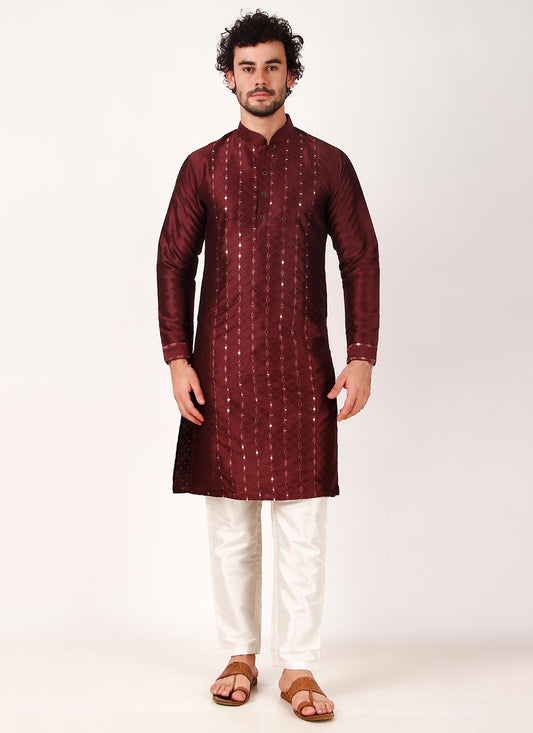 Embroidered Art Silk Maroon Kurta Pyjama - M8169