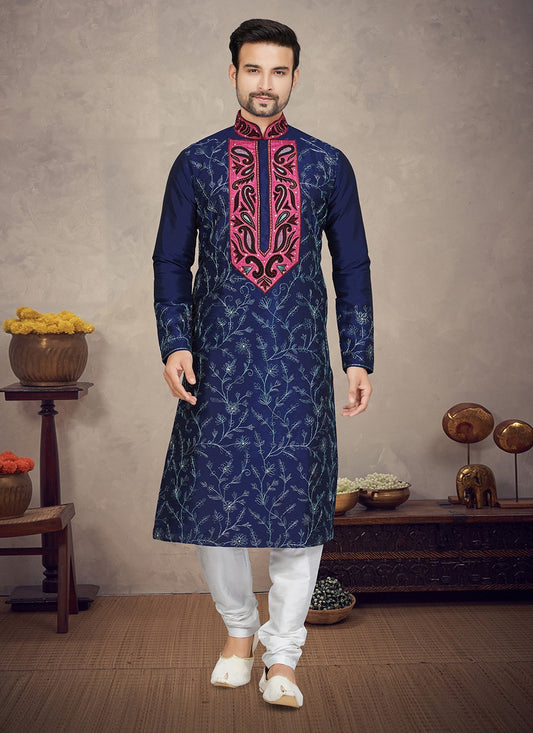 Embroidered Art Silk Navy Blue Kurta Pyjama - M5860