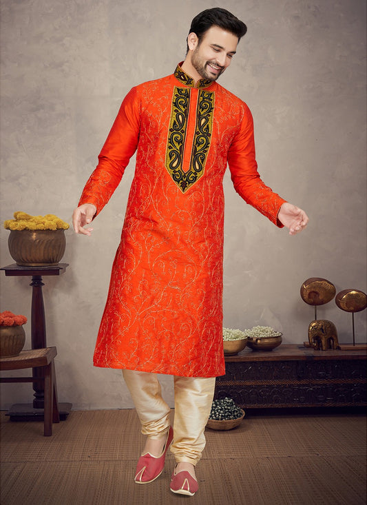 Embroidered Art Silk Orange Kurta Pyjama - M5866