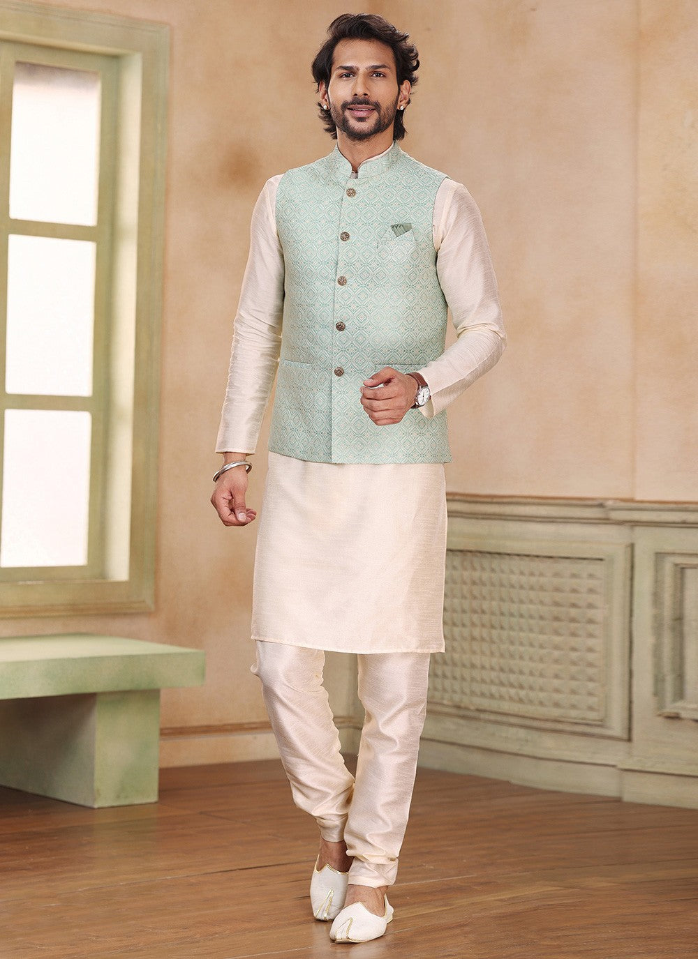 Embroidered Banarasi Jacquard Cream, Green Kurta Payjama With Jacket - M5235