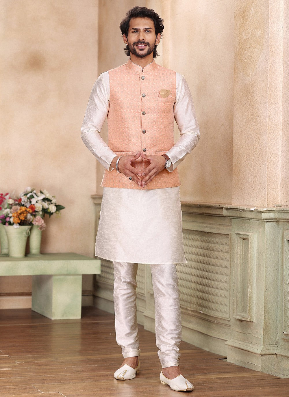 Embroidered Banarasi Jacquard Cream, Pink Kurta Payjama With Jacket - M5238