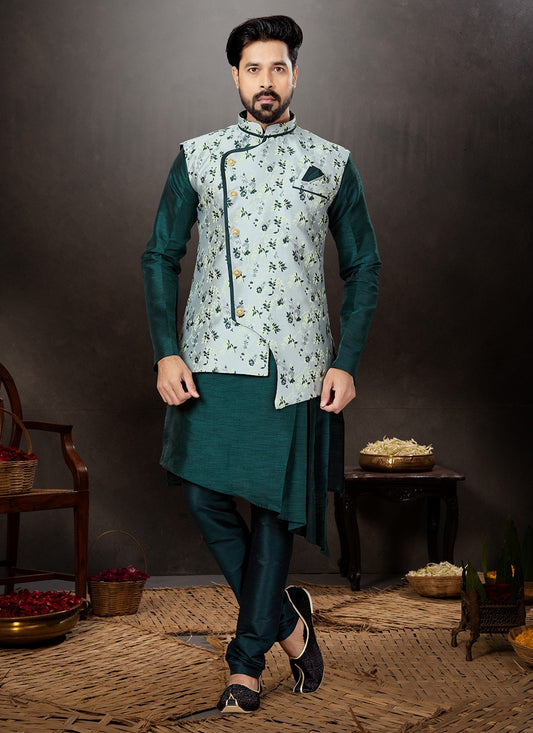 Embroidered Banarasi Jacquard, Dupion Silk Green, Grey Kurta Payjama With Jacket - M4769