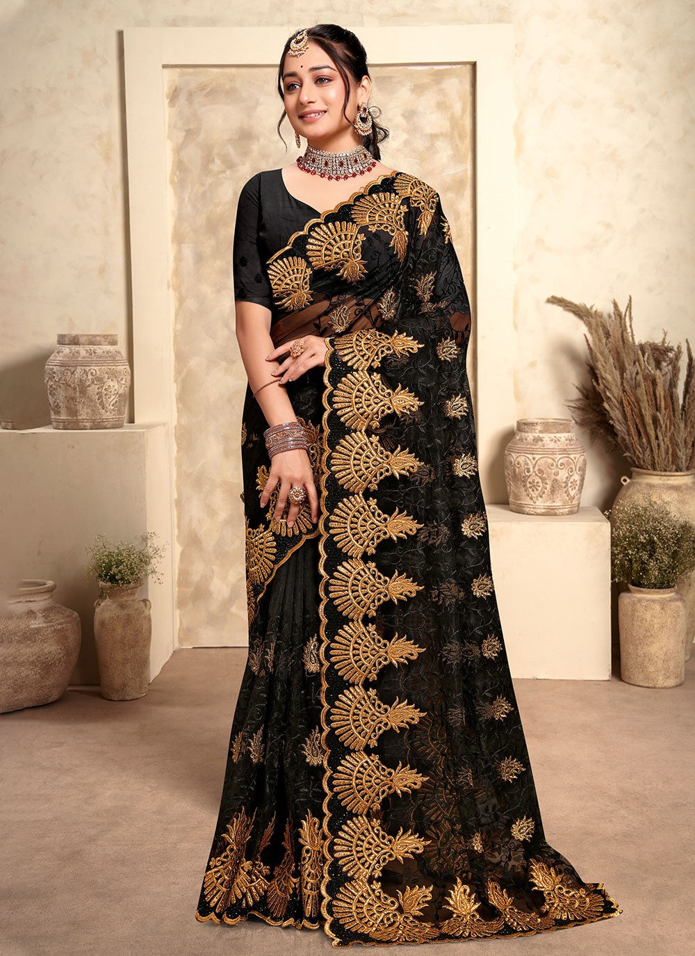 Trendy Embroidered Net Saree - S4963