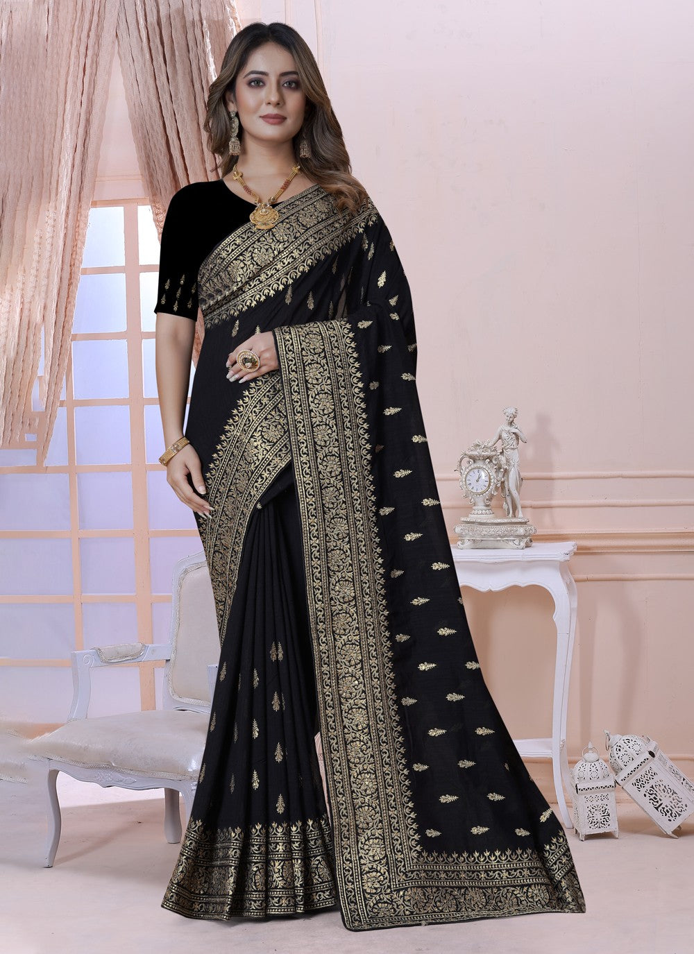 Classic Embroidered Vichitra Silk Saree - S3619