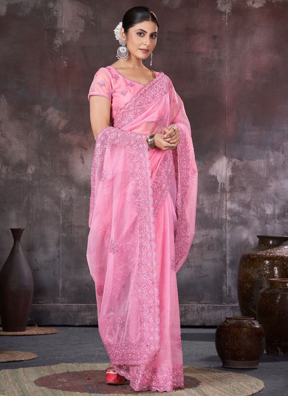 Classic Border Work Net, Organza Saree - S7536