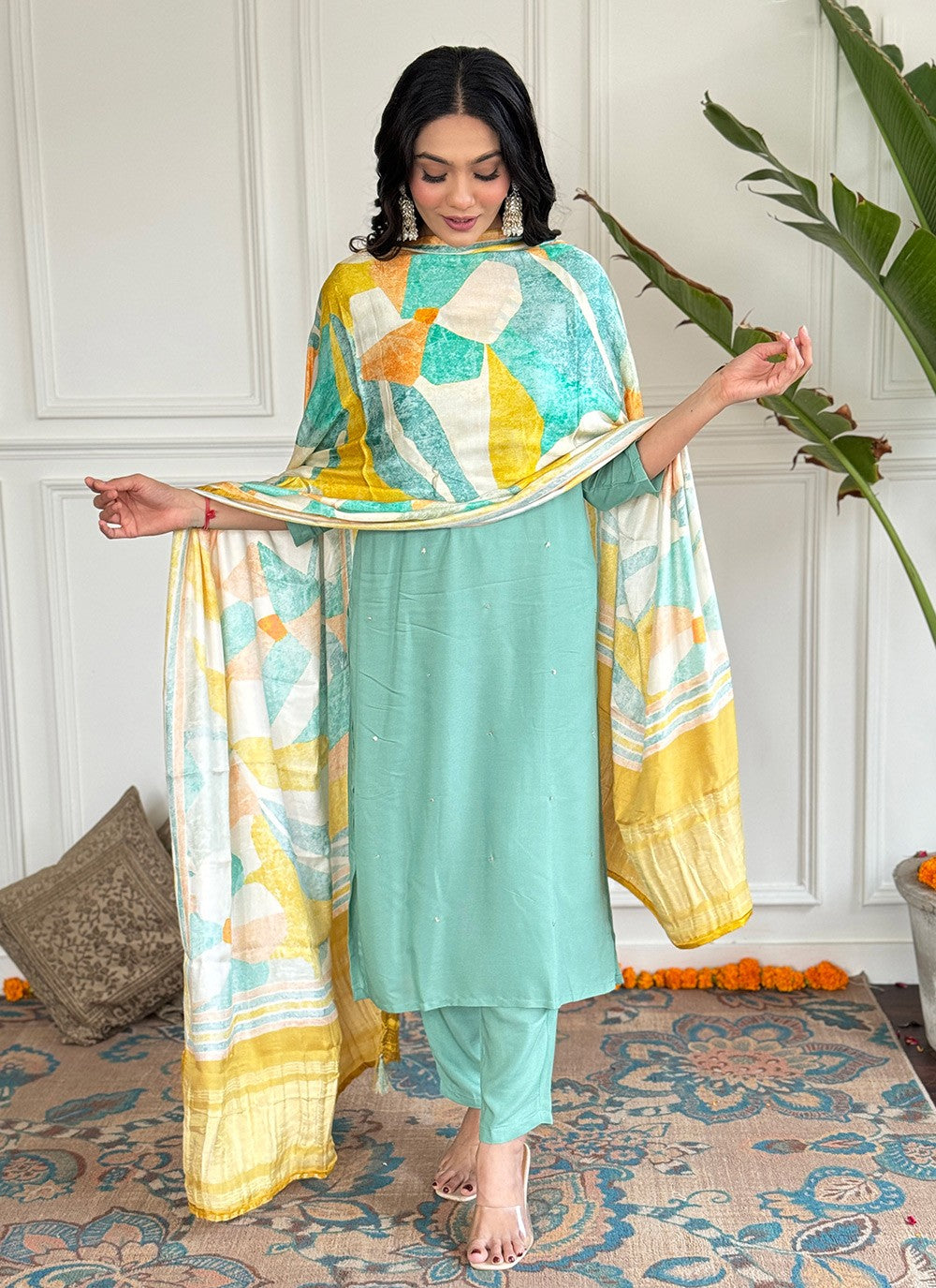 Embroidered Viscose Pant Style Suit - T4727