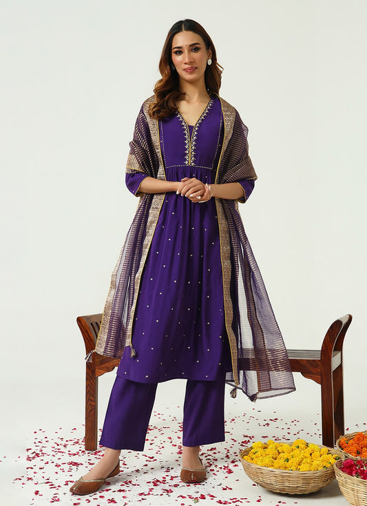 Embroidered Chanderi Pant Style Suit - T4543