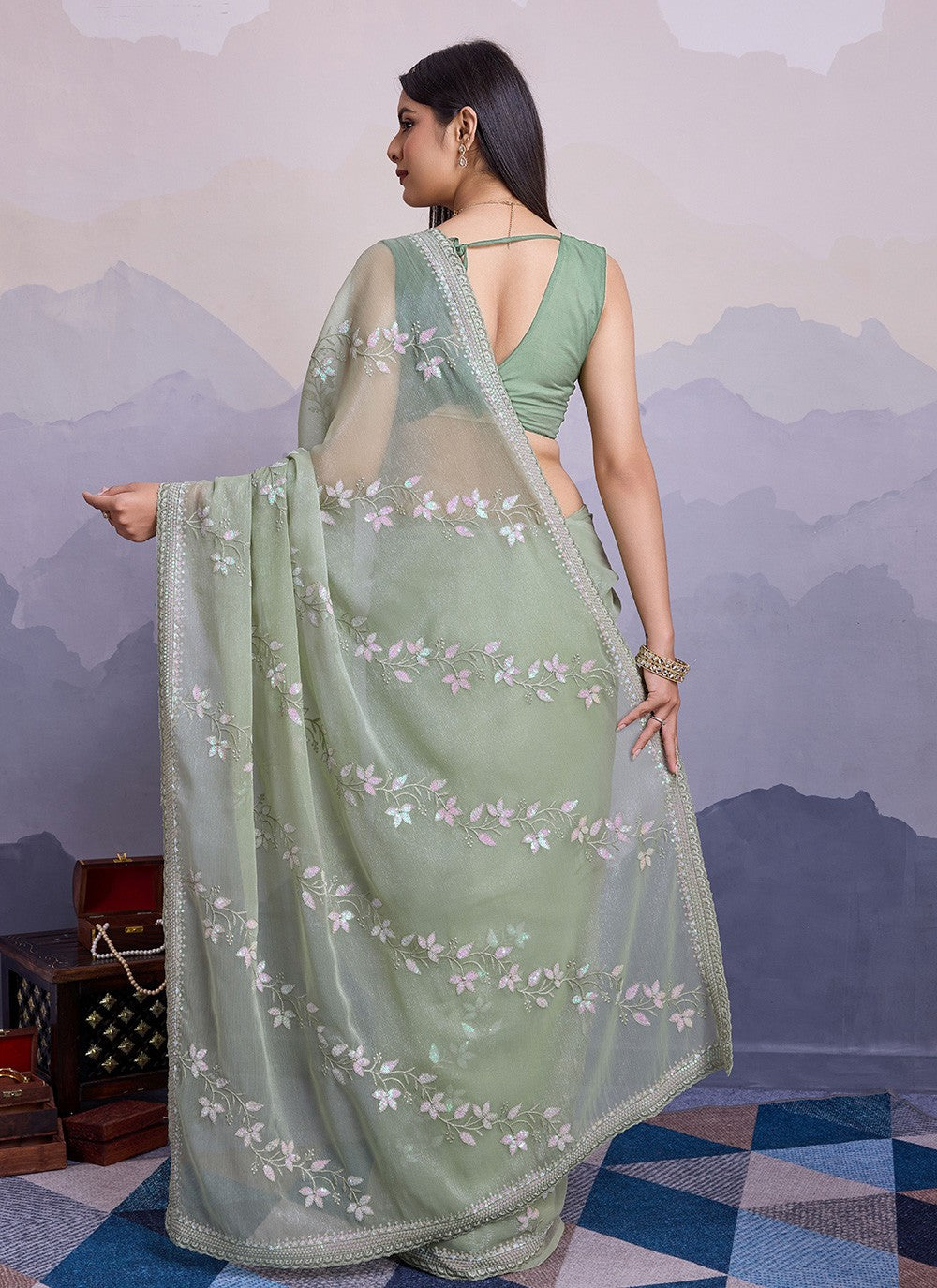 Trendy Embroidered Chiffon Saree - S8561