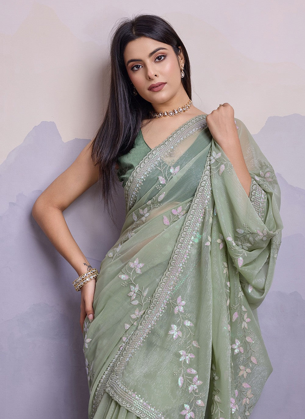 Trendy Embroidered Chiffon Saree - S8561