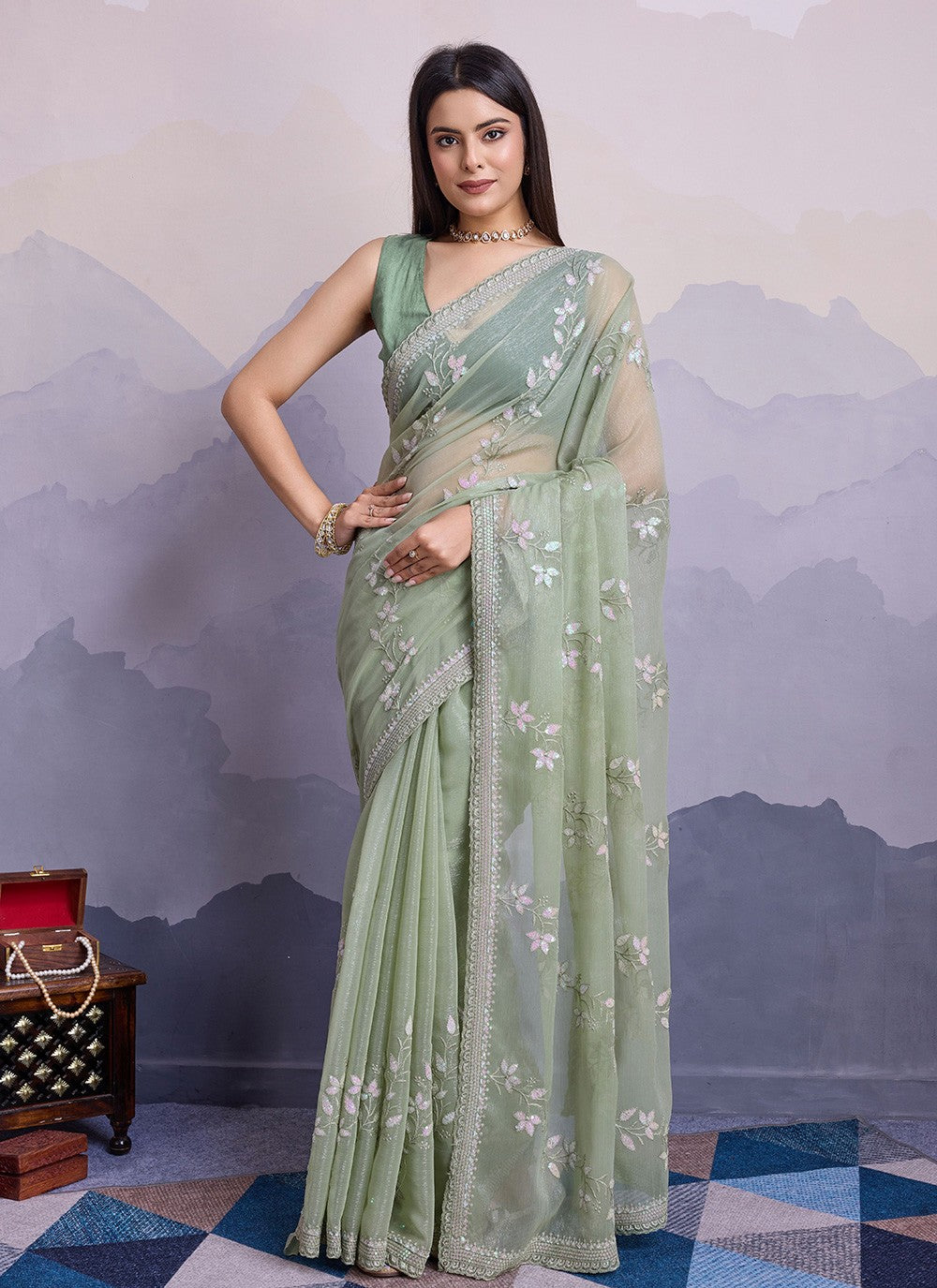 Trendy Embroidered Chiffon Saree - S8561