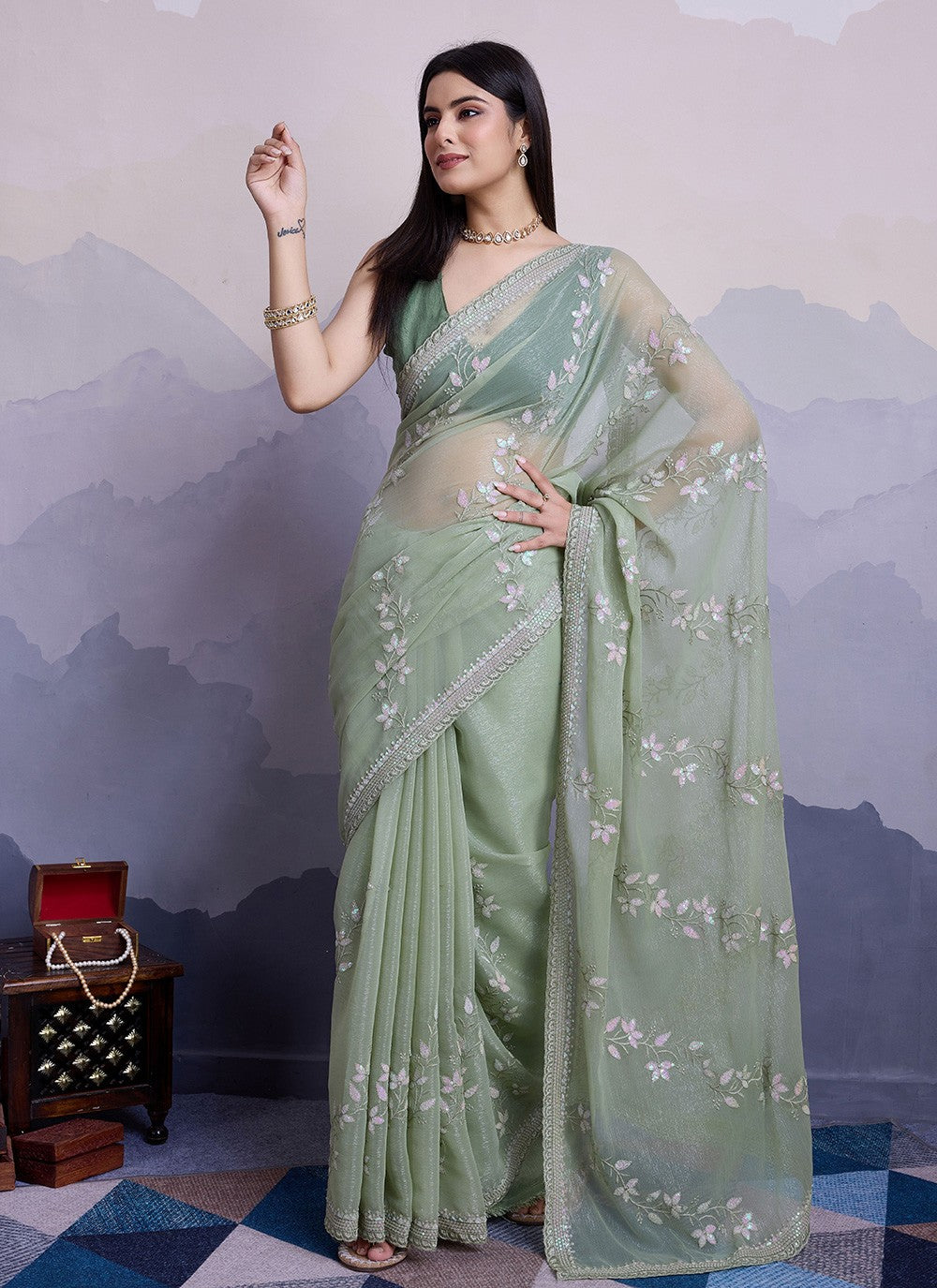 Trendy Embroidered Chiffon Saree - S8561